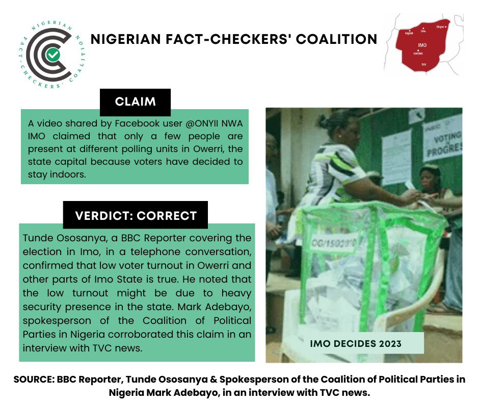 Roundcheck's tweet photo. A Video shared by Facebook user ONYII NWA IMO Claimed that Imo voters have resorted to staying indoors as only a few people are at different polling units in Owerri, the state capital.
#imodecides #ImoElection #2023Elections https://t.co/LEzWW8fsXo