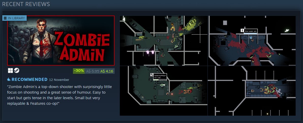 With all the survivors-likes I've been playing lately, I found <a href="/HastilyAssemble/">Hastily Assembled 🍕 Wishlist "Slice of Death"</a>'s Zombie Admin refreshing. The goal is to complete mundane jobs in maze-like office settings, except there are zombies everywhere! Added time &amp; no pickup challenges are fun. Small but good variety.
