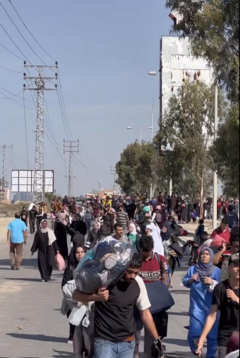 stanzaselvaggia's tweet photo. Cose che mi colpiscono delle immagini dell’esodo dei gazawi: 
Gli anziani che faticano a camminare e cadono. I bambini stanchi o troppo piccoli portati in braccio dai genitori. 
Le persone abbracciate ai loro gatti, per non farli scappare. Quelli che scappano con le gabbie dei canarini. I bambini più grandi mano nella mano con fratellini e sorelline di cui hanno la responsabilità. 
La moltitudine di bambini. Bambini ovunque. Sui carretti, a piedi in ciabatte, perfino nei seggiolini dell’auto trascinati con corde di fortuna. 
Le file disperate per l’acqua. 
I carri trainati da asini e cavalli, per quelli fortunati. 
I selfie con Motaz, perché quando il mondo sa di te grazie a una manciata di giornalisti coraggiosi, succede che un reporter diventi un eroe. 
I giornalisti in fuga con le loro famiglie e i bambini in braccio. 
Le persone che faticano a trascinarsi dietro le poche cose che hanno.  
Qualche sorriso. Soprattutto dei bambini, per cui la fuga, forse, è un’avventura. 
Le bombe che cadono a poca distanza e nessuno che ci fa più caso. 
Le persone col bastone e lo straccio bianco, “siamo civili”. 
I vecchi curvi sui bastoni. 
Le sedie a rotelle. 
I materassi leggeri sulle spalle, perché si dormirà per terra. 
Le persone che scappano sole. 
La donna amputata che piange. 
Nessuna valigia o quasi, perché quando non puoi uscire di prigione della valigia non hai mai avuto bisogno.