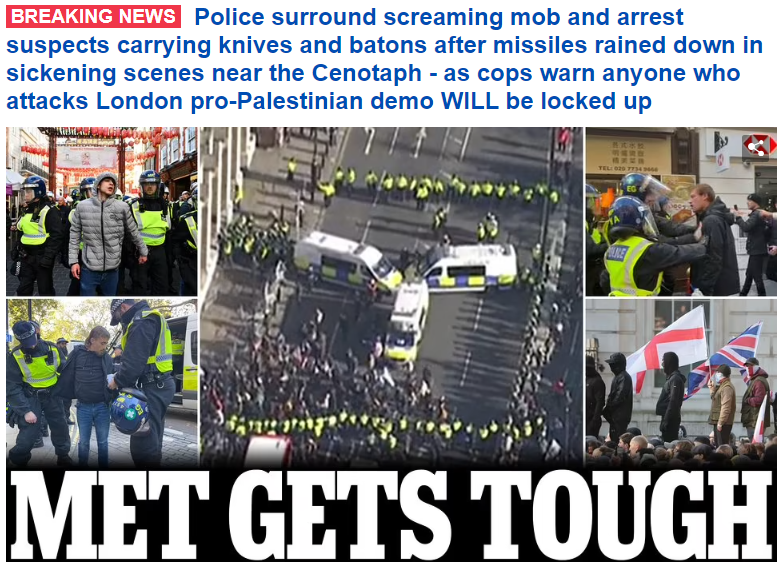 Well done @SuellaBraverman!!  This is all on you!!
Weeks of marching for #Palestine with minimal arrests and now this!  A group of idiots marching to protect a piece of concrete nobody objects to!

#Cenotaph 
#RacistBritain