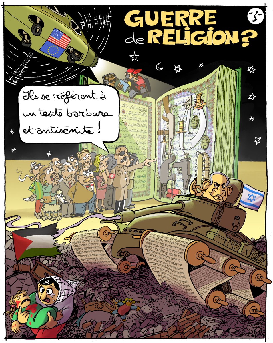 ___z__'s tweet photo. La bourgeoisie française prétendument laïque prend fait et cause pour Israël qui est un pays fondé sur un mythe religieux de colonisation de la terre de Sion.

Cette même bourgeoisie manifeste demain à Paris, avec les antisémites d'hier, afin de dénoncer l'antisémitisme couscous et la barbarie intrinsèque à la religion de ces arabes qui menacent l'identité française...

Encore une fois, la guerre au proche orient rappelle qu'existe une sorte d'alliance sacrée entre les colonisateurs d'hier et d'aujourd'hui...
#cousous #merguez #Antisémitisme #manifestation #Palestine #Israël #Cartoon