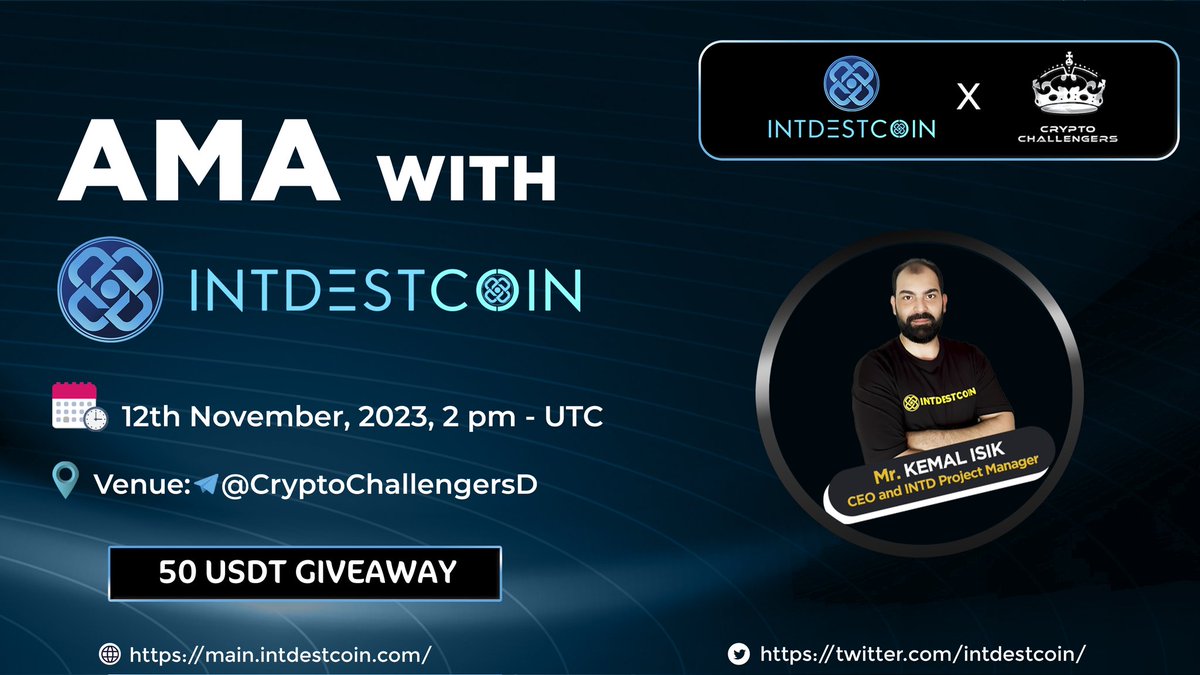 CryptoChallengers Announced our next #AMA with INTDESTCOIN on 12th November 2023 | 2 PM UTC

VENUE
t.me/CryptoChalleng… 

Rewards :  50$

RULES
1. Follow :
<a href="/c_challengers/">CRYPTO CHALLENGERS</a>
<a href="/intdestcoin/">INTD Community</a>
2. Like &amp; rt
3. Comment qns by tagging 3 frens (Max4Qns)

Be Ready!