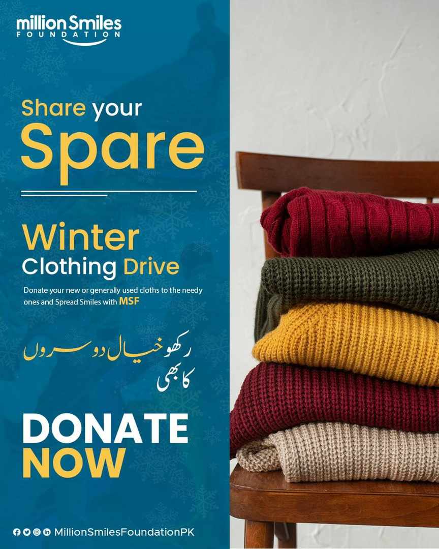 MomeenaShah's tweet image. Rakho Khyaal Dusroun ka Bhi !
You can now donate your new or generally used clothes to the needy ones and help spread &quot;Smiles for Humanity&quot; with #MillionSmilesFoundation.
Donate Now &amp;amp; contact:
+92 312 7514047
+92 300 0737457
#SmilesforHumanity
#WinterClothingDrive