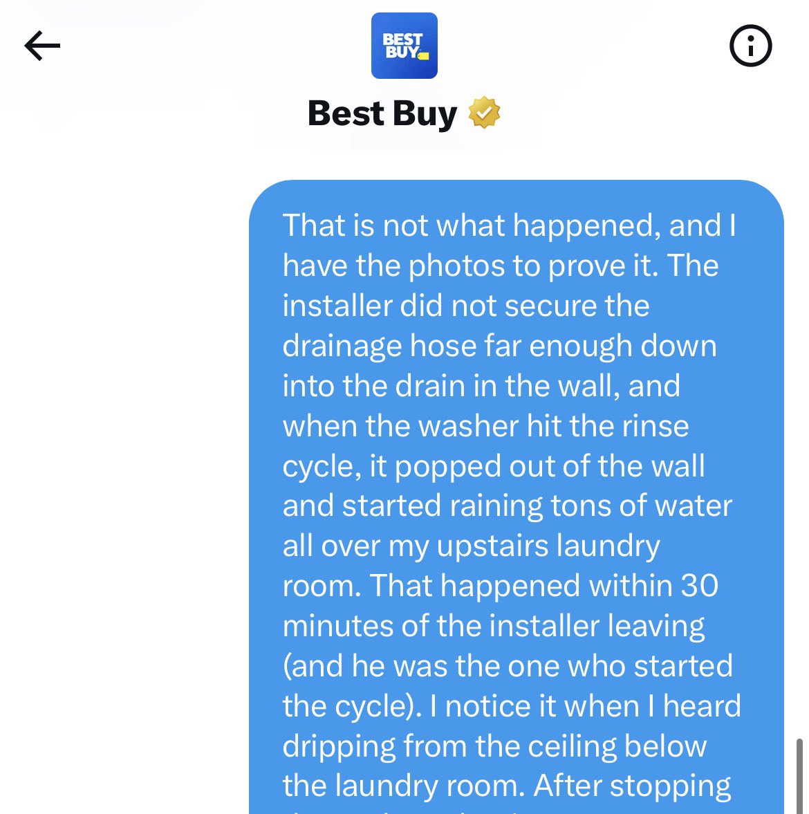 karinashaver's tweet photo. @bestbuy seemingly super helpful in DMs until I provide proof that the flood was due to their faulty installation, not the brand new machine that has done dozens of loads leak-free since their installer came back and FIXED HIS FAULTY DRAINAGE HOSE PLACEMENT. Then: 🦗 https://t.co/RwnhmzsLmW