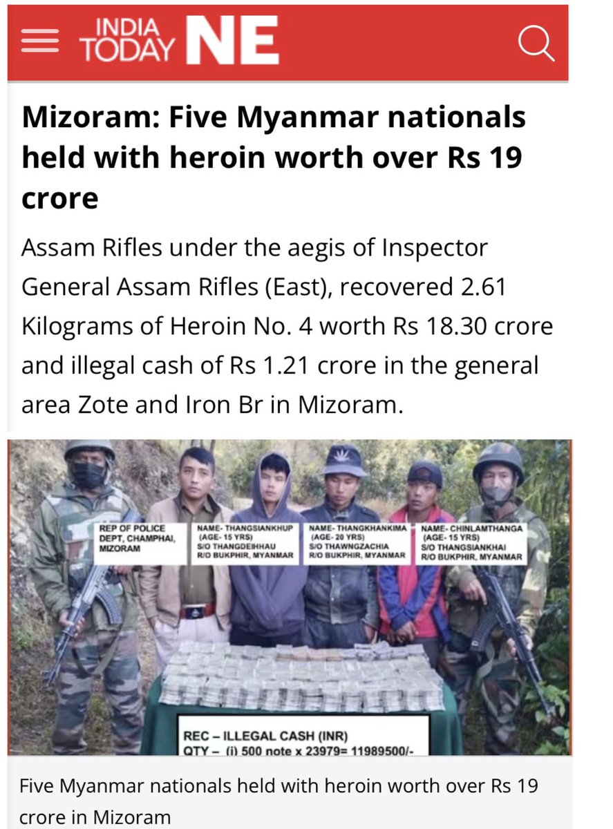 Sana10Meitei's tweet photo. In a significant development, Assam Rifles, under the supervision of Inspector General Assam Rifles (East), successfully apprehended five Myanmar nationals in Mizoram. The operation, conducted in the general area of Zote and Iron Br, resulted in the seizure of 2.61 kilograms of Heroin No. 4, valued at Rs 18.30 crore. Additionally, an illicit cash amounting to Rs 1.21 crore was recovered.

This notable interception highlights the alarming shift in the transit route for drug trade, now extending from Manipur to Mizoram. The law enforcement's vigilance and prompt action are commendable, underscoring the persistent challenges posed by cross-border narcotics trafficking. It calls for a concerted effort among regional authorities to fortify border security and strengthen collaborative measures in order to effectively combat this burgeoning threat.
@PMOIndia @narendramodi @HMOIndia @AmitShah @NBirenSingh @sambitswaraj 

https://t.co/2Mi359L0jJ