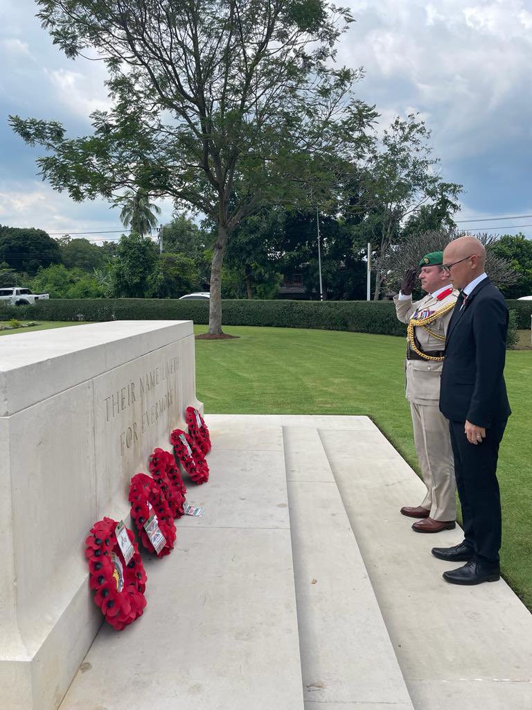 At Kanchanaburi War cemetery, the Defence Attaché Col Tony Stern laid a wreath along with HE Mr Mark Gooding, UK Ambassador. Special thanks given to <a href="/PoppyLegion/">Royal British Legion</a>, <a href="/CWGC/">Commonwealth War Graves</a> and all involved.

#LestWeForget #RemembranceDay