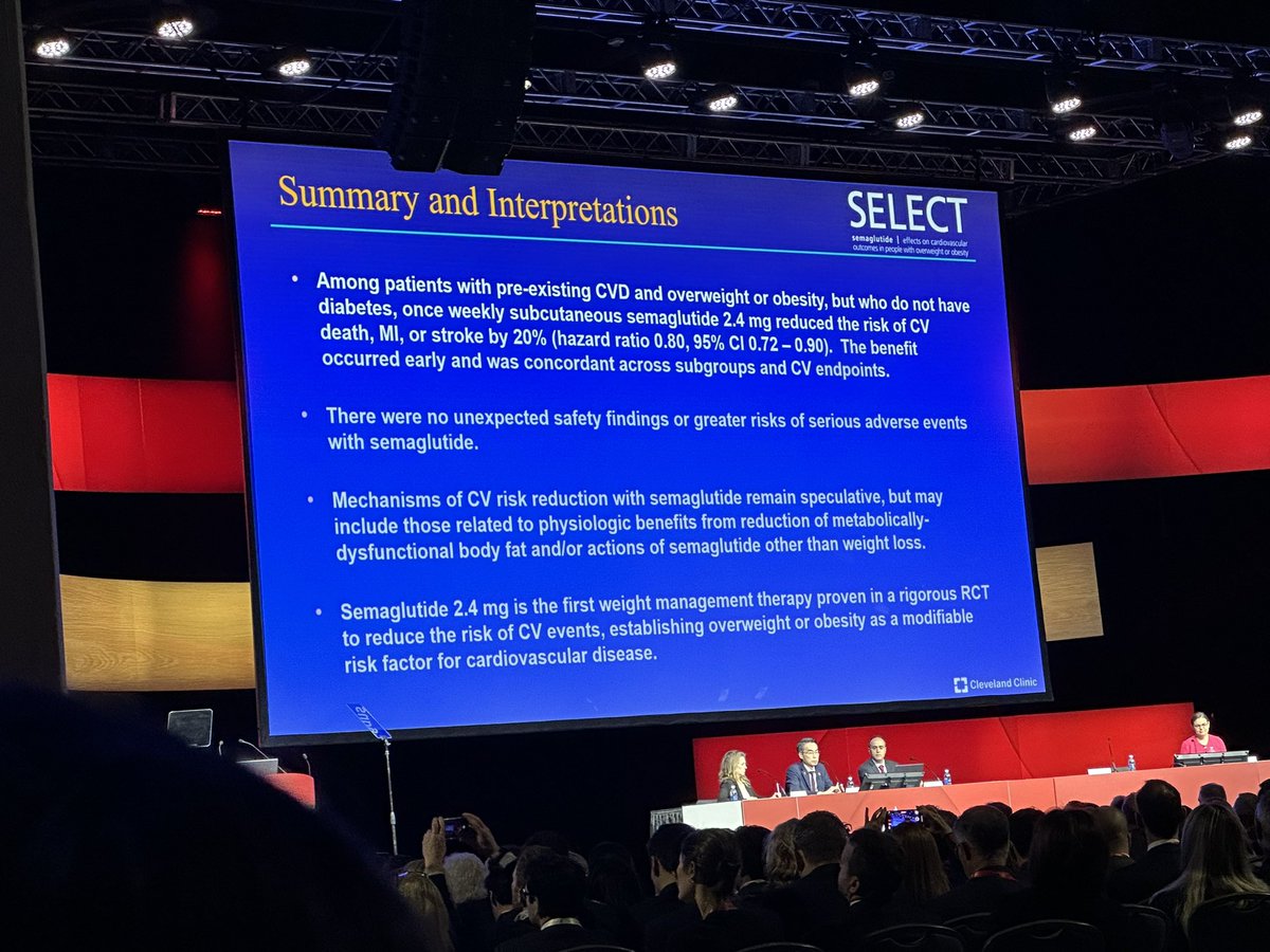 Kicking of #AHA2023 with the amazing @FaRodriguezMD! First up, the SELECT trial: 17k pts w/ BMI>27 (overweight/obese) & known CV disease but w/o diabetes. Semaglutide 2.4mg sc v placebo led to 20% reduction in MACE (CV death, non-fatal MI, or non-fatal stroke).