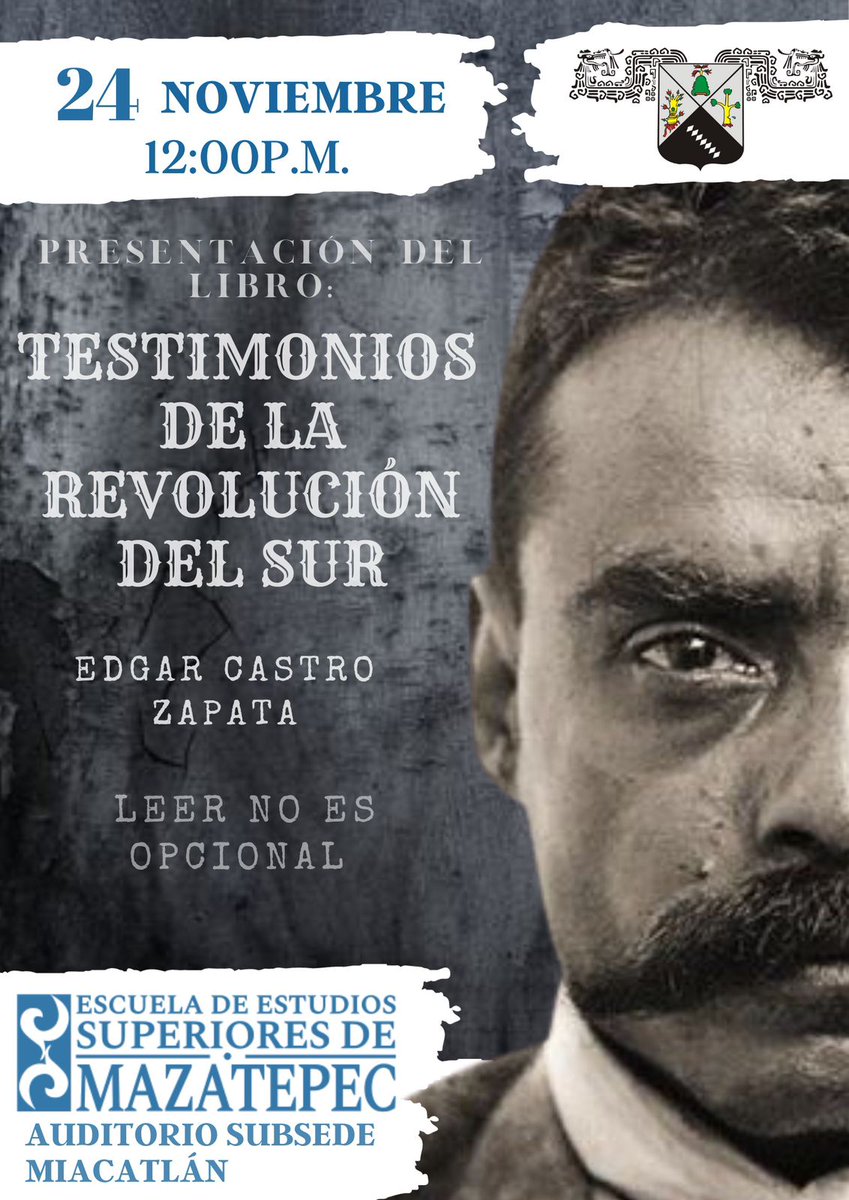 El próximo 24 de noviembre el maestro <a href="/EdgarCZapata19/">EDGAR CASTRO ZAPATA</a> nos hará el honor de presentar su libro: Emiliano Zapata, Testimonios de la Revolución del Sur, en el auditorio de Uaem Subsede Miacatlan.