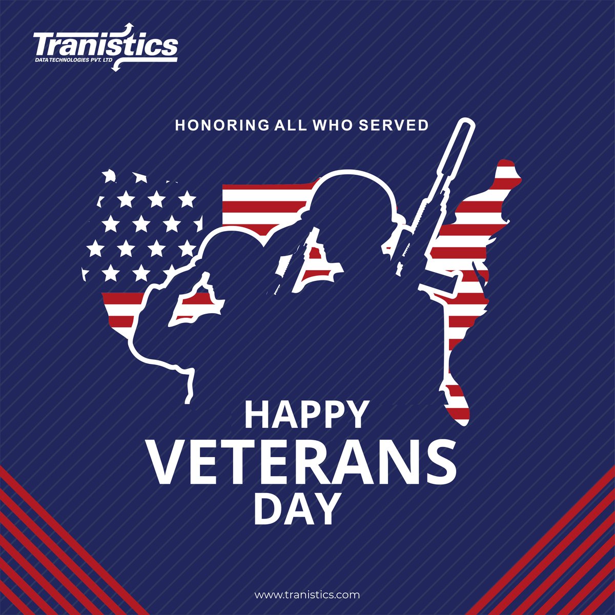 Today and every day, we pause to thank and honor the brave heroes who have served our country. We at #Tranistics give a big salute to all of our veterans on this Veterans Day! 
#VeteransDay #Tranistics #trustedbusinesspartner #logistics #publishing