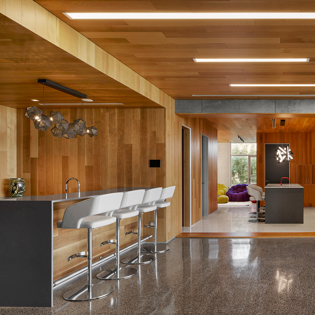 The Long Beach Residence located in New Jersey features reSAWN's MEDITATION wall and ceiling cladding, bringing forth a warm and inviting atmosphere to this contemporary vacation home.
+
Architect: The Omnia Group 
Builder: SpectraCon Inc. 
Photographer: Matt Wargo