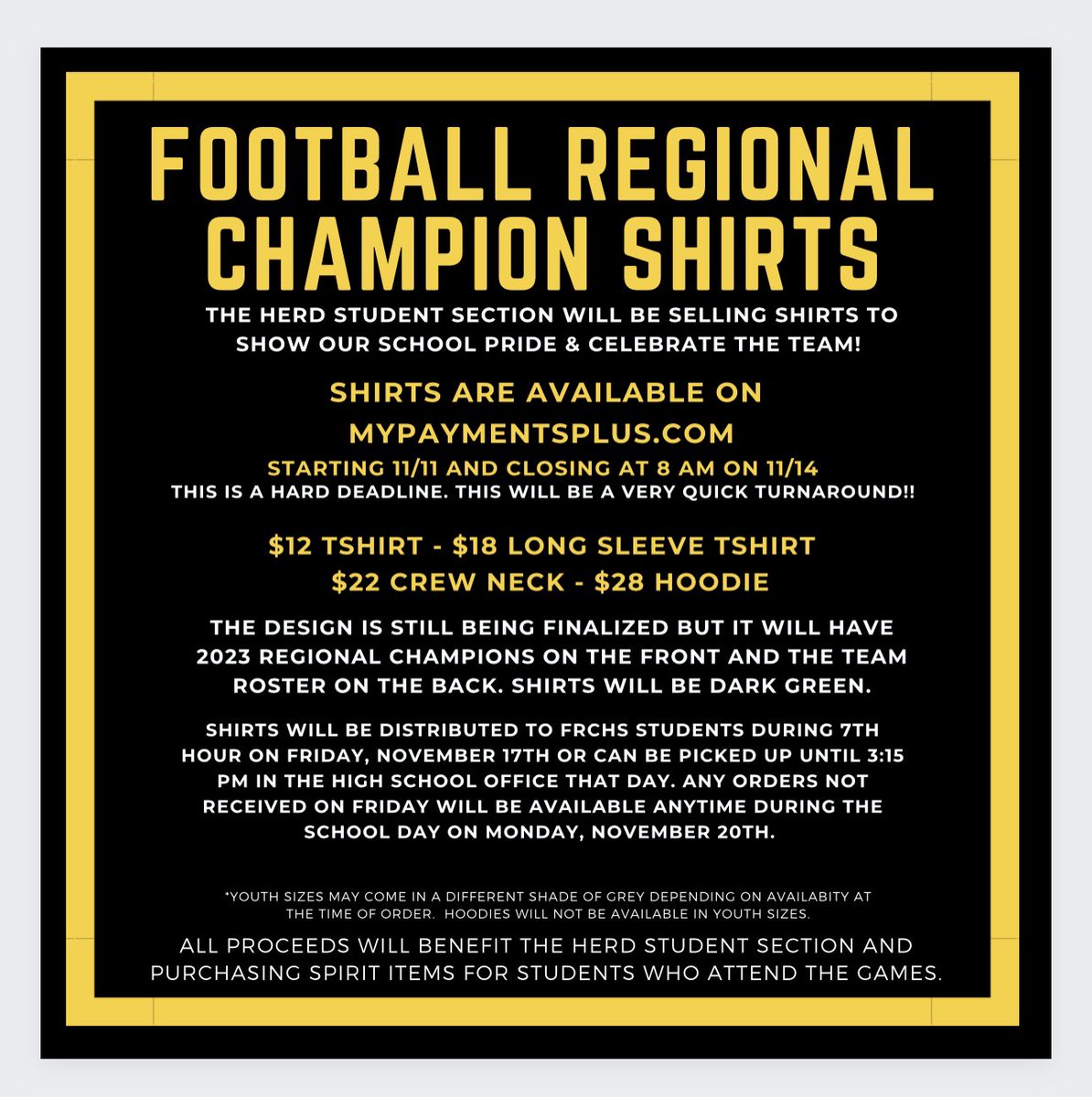 Regional Football Champ shirt ordering is now open!! Deadline is Tuesday at 8AM!
