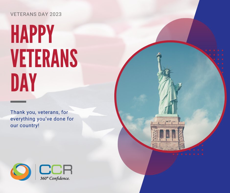 CCRdotNET's tweet image. Happy Veterans Day! 

Thank you, veterans, for everything you&apos;ve done for our country. CCR is proud to support and professionally develop veterans as a recognized veterans employer. We are grateful for your service and the sacrifices that you have made.