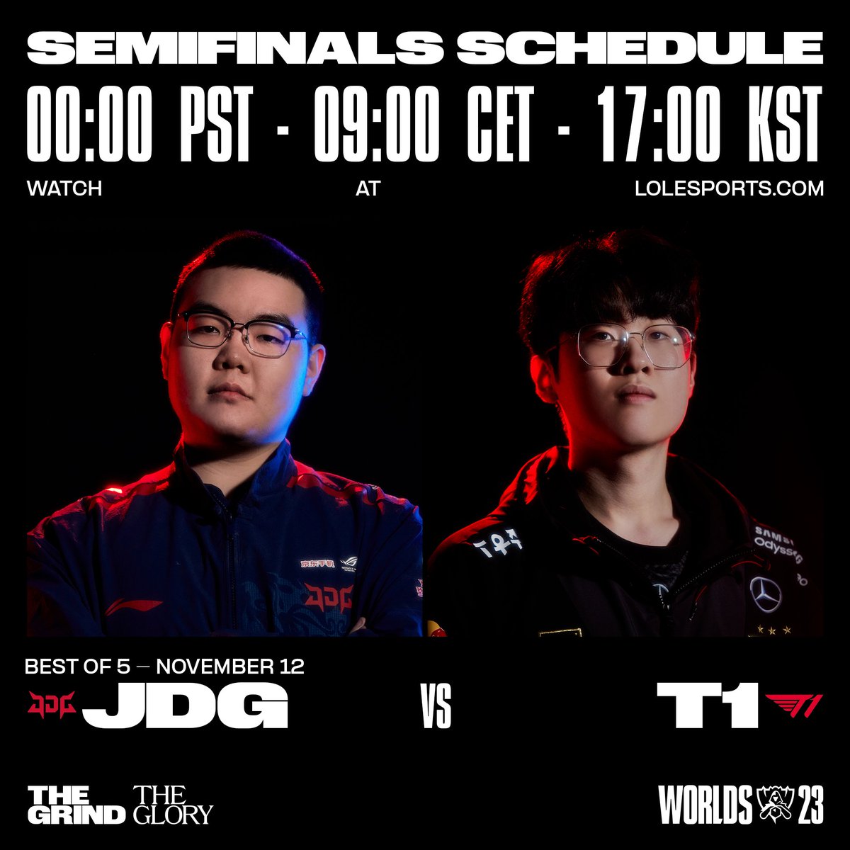 The second #Worlds2023 Semifinal:

⚔ <a href="/JDGaming/">JD GAMING</a> vs <a href="/T1LoL/">T1 LoL</a> 
⏰ November 12th (12AM PST / 9AM CET / 5PM KST)
📺 lolesports.com/live/worlds