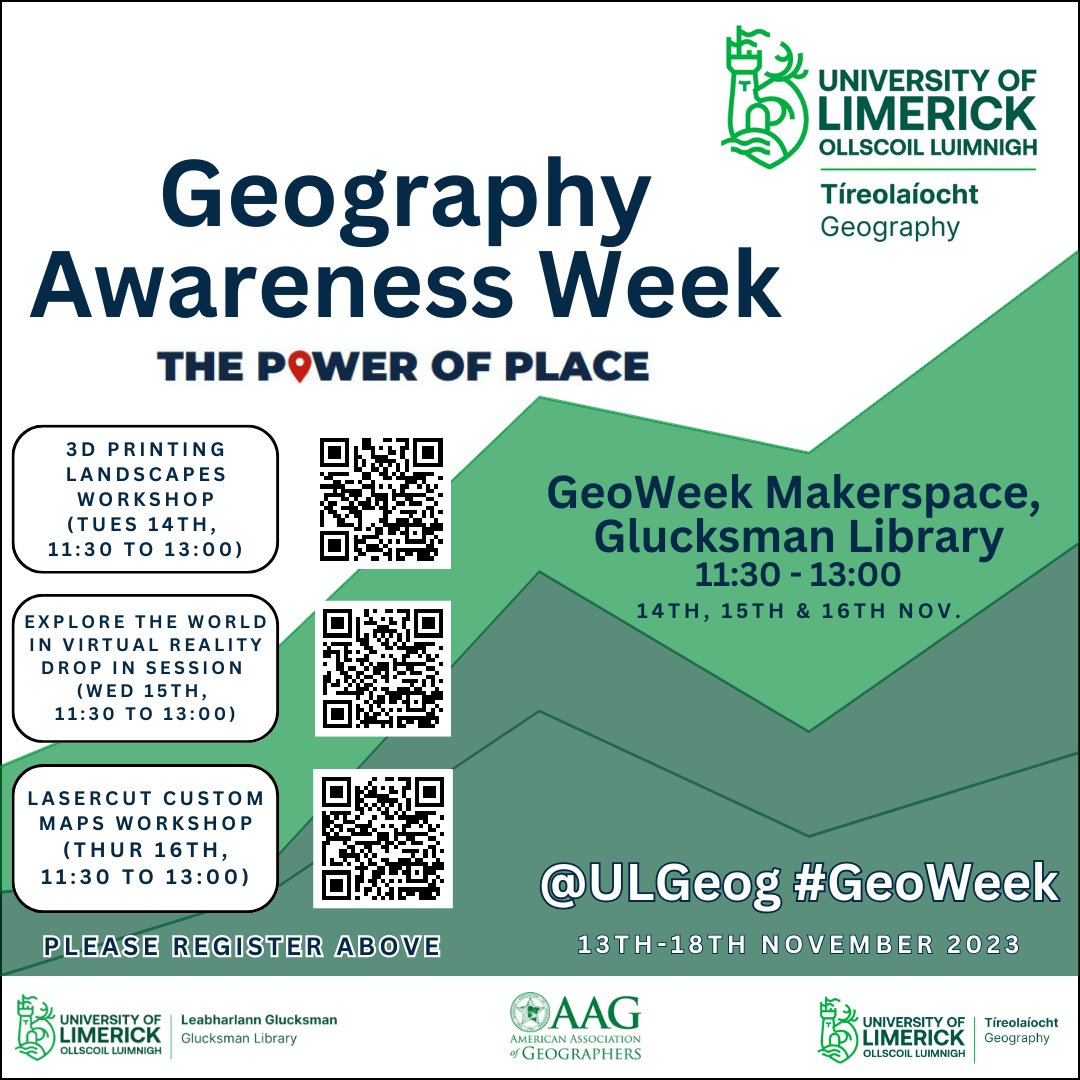 Fancy learning how to 3D print a landscape, or lasercut a map of your choice? Want to experience boating down the Amazon, or watching the stars from Mars? 

Next week @ULLibrary @UL is running special #GeoWeek workshops just for you! 

Register via the QR codes👇

#StudyAtUL