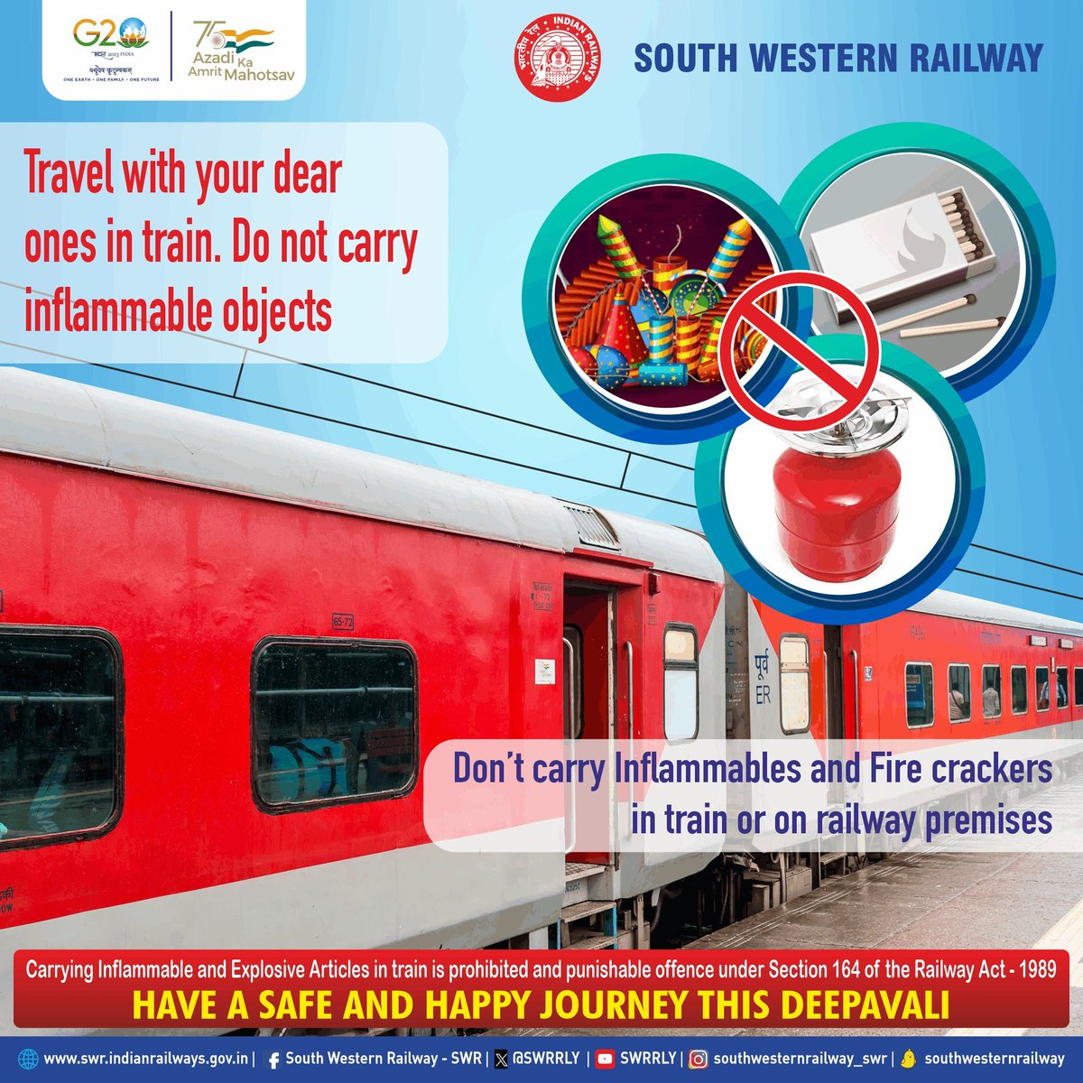 Celebrate #Deepavali 🪔 responsibly with your dear ones!
Please refrain from carrying firecrackers or other inflammable articles in train
#SafetyFirst #SafetyAlways