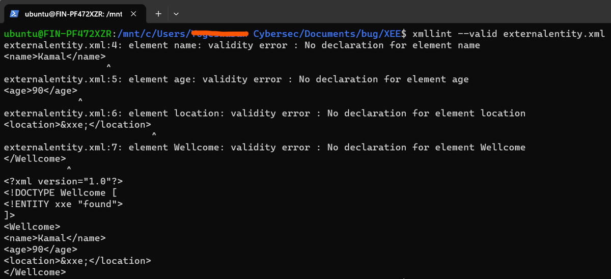 Yogeshwaran2022's tweet photo. 🔍xmllint parses XML files, specified on the command line as XML-FILE (or standard input if filename is -). It prints various outputs based on options selected. 🐞 Useful for detecting errors in XML code and parser. Included in libxml(3). 🛠️#Finstein #xmllint #xml #dtd #Entity https://t.co/Ym3DE6wIwh