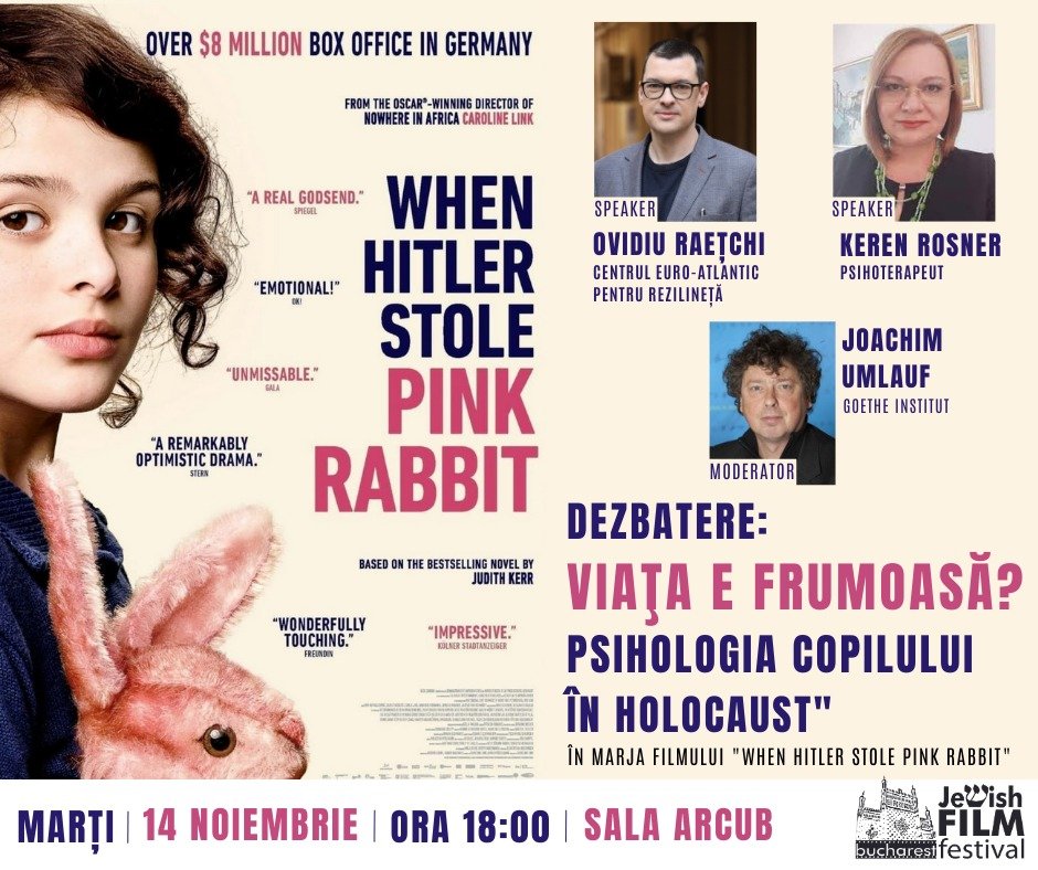Raetchi's tweet image. Marți, la ARCUB, alături de psihoterapeutul Keren Rosner și Joachim Umlauf, directorul Goethe-Institut, despre copii în Holocaust, în contextul vizionării filmului „When Hitler Stole Pink Rabbit” (după Judith Kerr) și luând ca reper „La vita è bella” (Roberto Benigni).