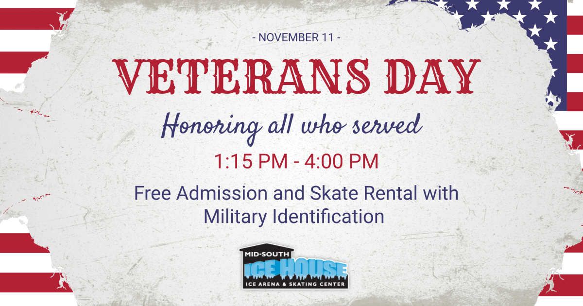 MidSouthIce's tweet photo. Today we honor our veterans who so bravely served our country. All veterans with military ID will receive free admission and skate rental today at our Public Skate session! 🇺🇸

#MidSouthIce #IceSkate901 #IceSkating #Hockey https://t.co/pMCL9qjabx