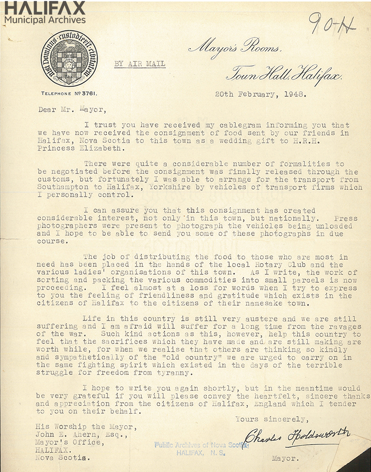 For Remembrance Day this year, #hfxarchives shares this letter of thanks from the Mayor of Halifax, UK for the shipment of food Halifax, NS sent for distribution in his town as a wedding gift to H.R.H. Princess Elizabeth. Post-war food rationing continued in the UK until 1954.