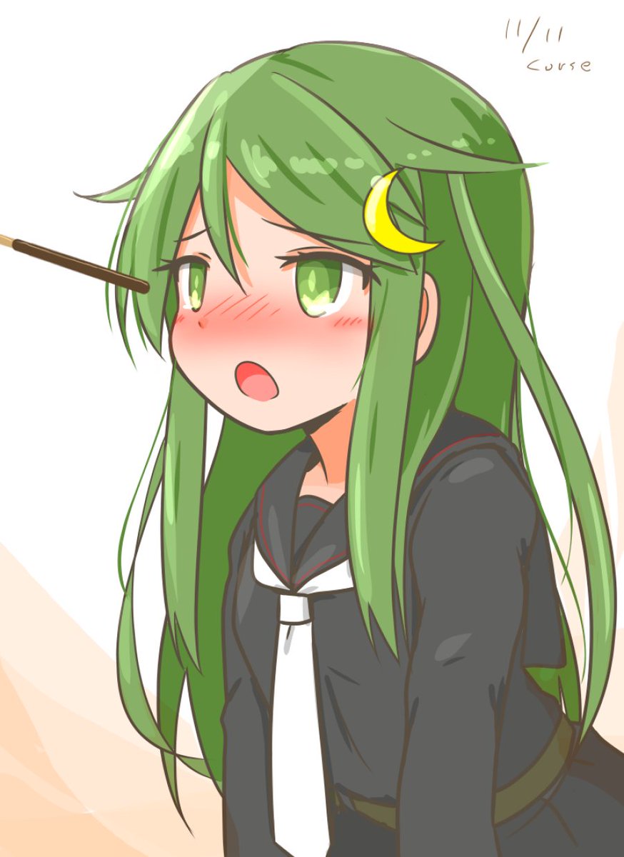 nagatsuki (kancolle) 1girl food long hair pocky green hair green eyes school uniform  illustration images