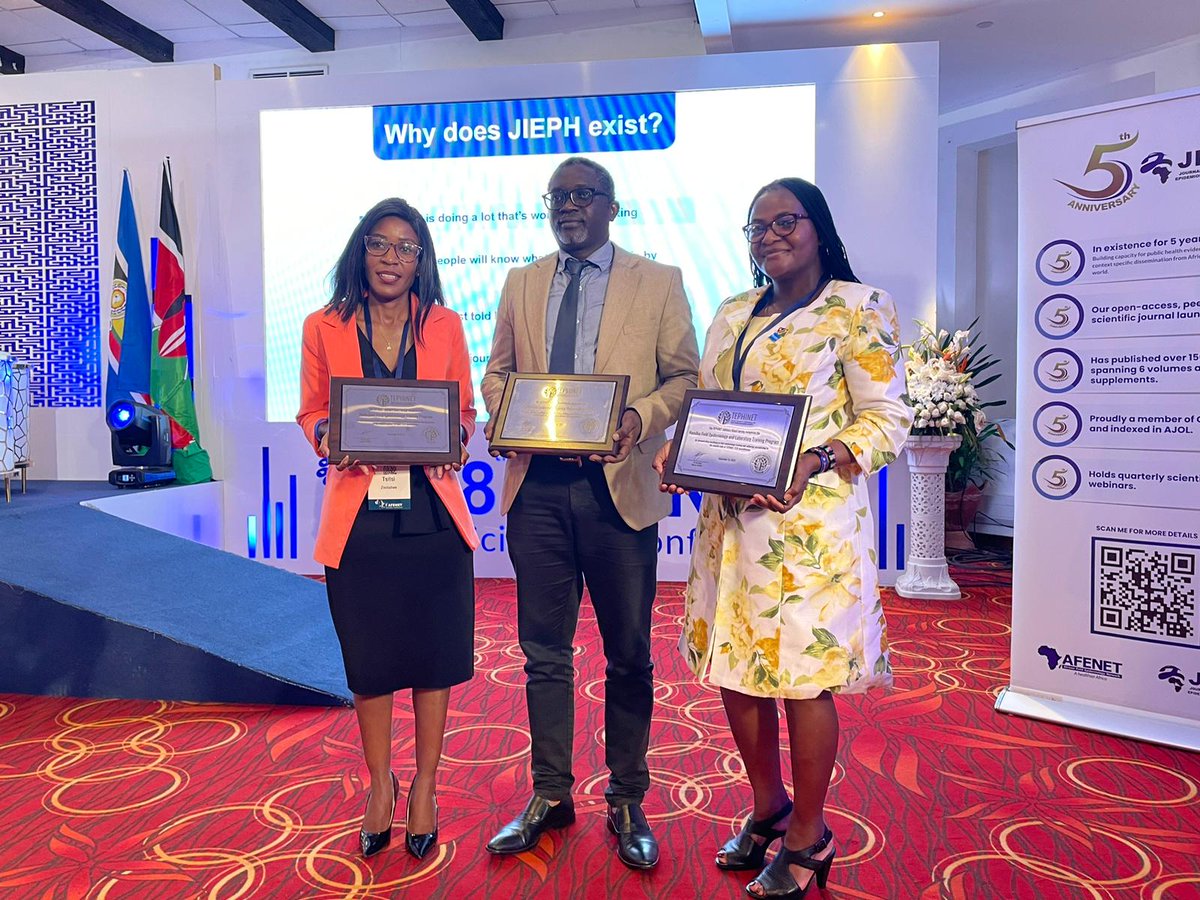 NamFELTP's tweet photo. Emmy-Else Ndevaetela (right) Program Director of Namibia FELTP alongside Tsitsi Juru of Zimbabwe FELTP and Peter Adewuyi of Liberia FETP were honored with TEPHINET Accreditation awards at the 8th AFENET Scientific Conference closing ceremony. 

#AFENETConference2023 https://t.co/A4MTQEewP6