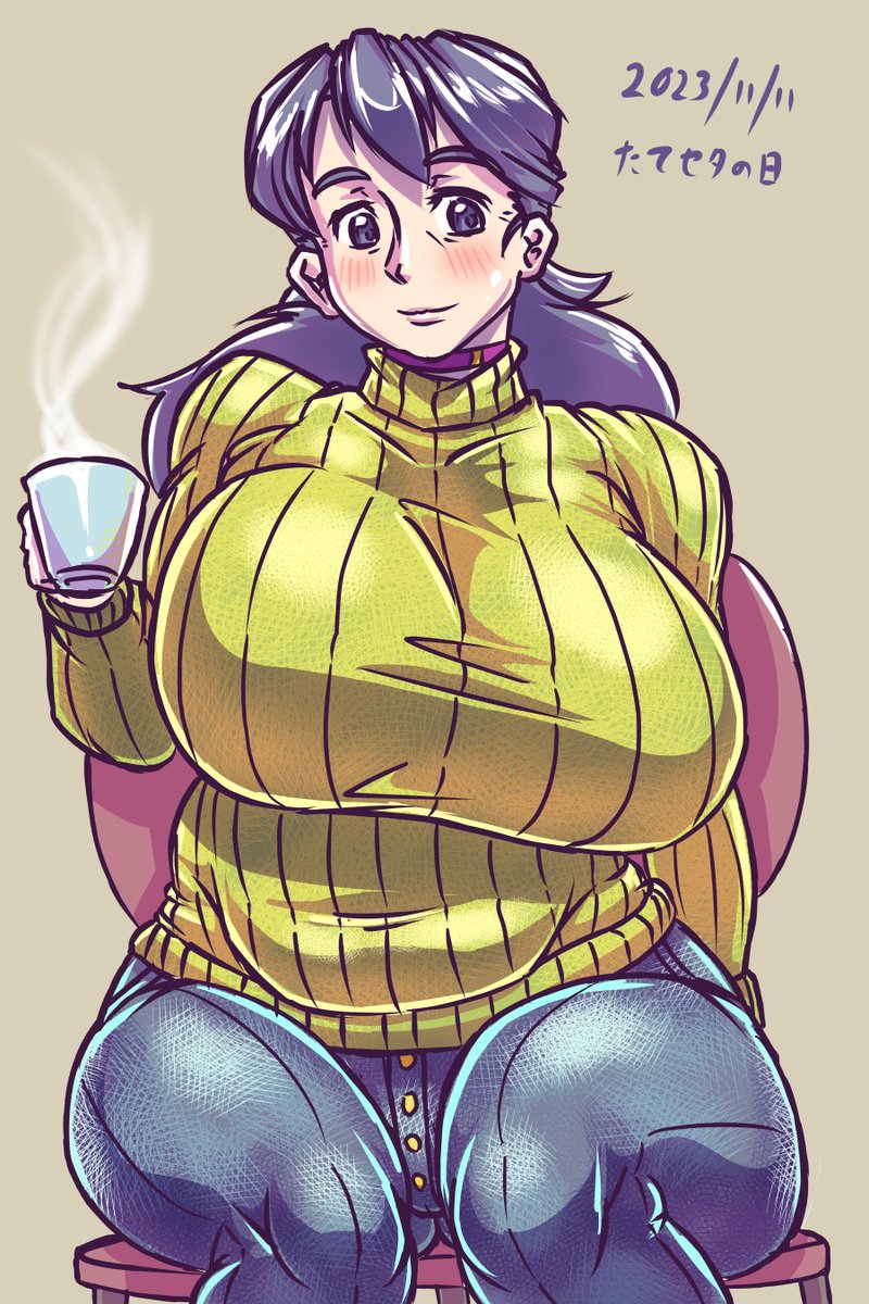 #たてセタの日 なのでオリ熟女キャラ「東雲牧江」で一枚。一時間くらいでバシバシっと描いて何とか間に合った! 