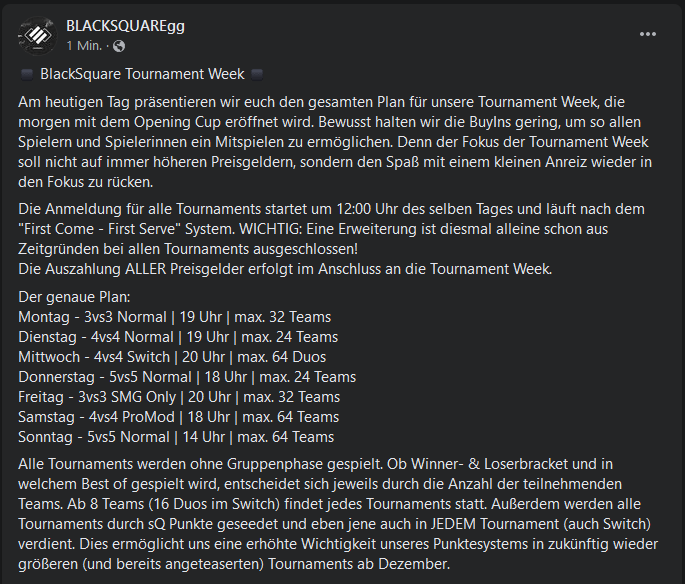 BlackSquareGG's tweet image. ⬛️ BlackSquare Tournament Week ⬛️

Alle Infos zu unserer Tournament Week, die Morgen durch unseren Opening Cup eröffnet wird, könnt ihr ab jetzt den beigefügten Bildern entnehmen.

Whats App Gruppe: chat.whatsapp.com/JT4Me9UNcTh4ir…