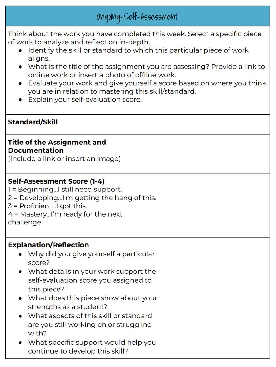 Self-assessment is an opportunity for meaningful reflection, reminds educators @KatieNovakUDL and @Catlin_Tucker! Check out the template they use in their classrooms: