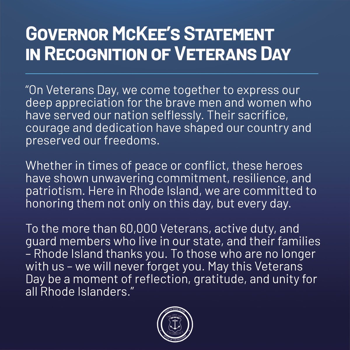 May this Veterans Day be a moment of reflection, gratitude, and unity for all Rhode Islanders.