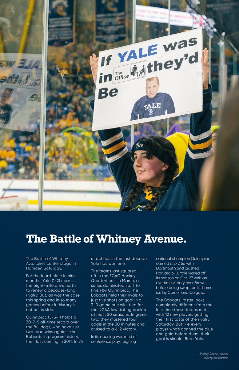 c_levasseurr's tweet photo. For the fourth time this year — Happy Beat Yale Day to those who celebrate. 

Unique Heroes Hat game today, Bobcats wearing camo for Veteran’s Day. Make sure to pick up your @QUChronicle Beat Yale posters, designed by @peytonmck, on the concourse pregame! https://t.co/pg5efT4MMo