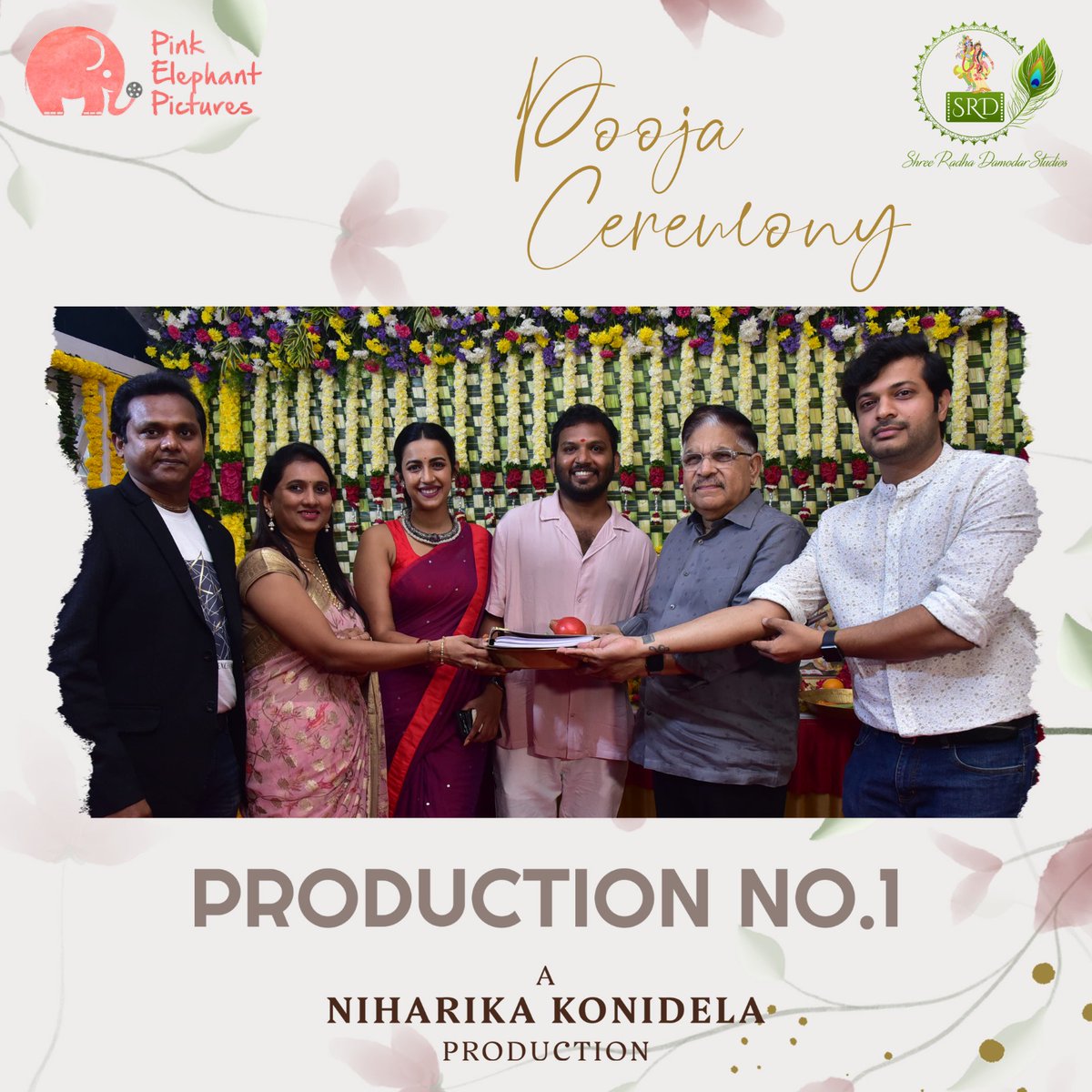 PinkElephant_P's tweet photo. Happy and auspicious beginnings at our pooja ceremony of our 1st Feature Film 🎥 
To new beginnings 🙏🏼

#ProductionNo1

Script Hand over by #AlluAravind Garu
Camera Switch on by @NagaBabuOffl Garu
Clap by @IAmVarunTej Garu

@IamNiharikaK #SRDStudios #ProjectCK https://t.co/RcUmHvzyMH