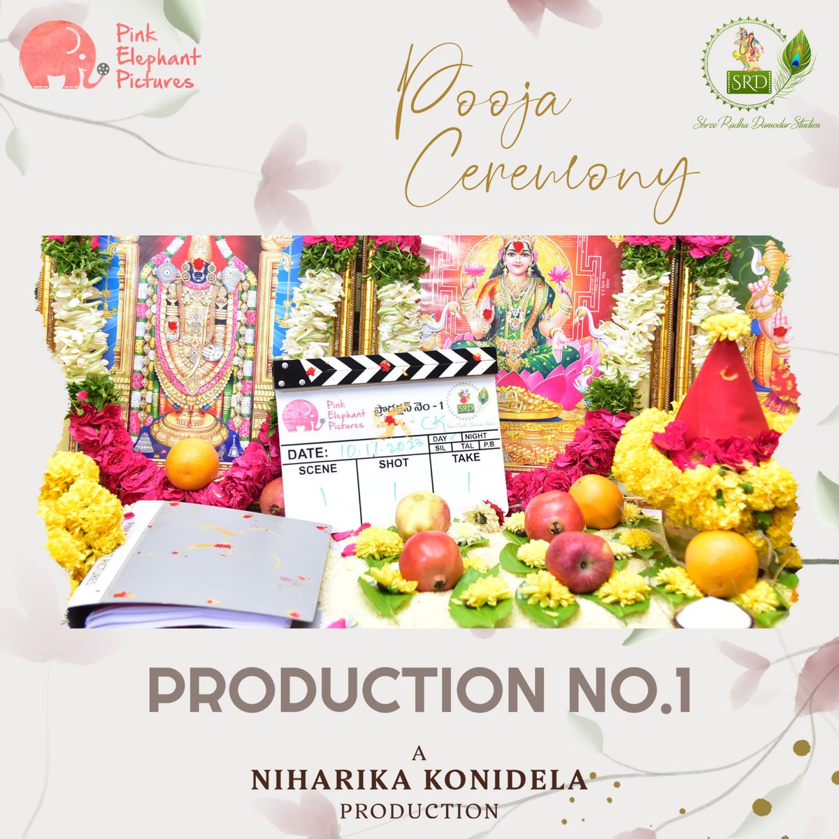 PinkElephant_P's tweet photo. Happy and auspicious beginnings at our pooja ceremony of our 1st Feature Film 🎥 
To new beginnings 🙏🏼

#ProductionNo1

Script Hand over by #AlluAravind Garu
Camera Switch on by @NagaBabuOffl Garu
Clap by @IAmVarunTej Garu

@IamNiharikaK #SRDStudios #ProjectCK https://t.co/RcUmHvzyMH
