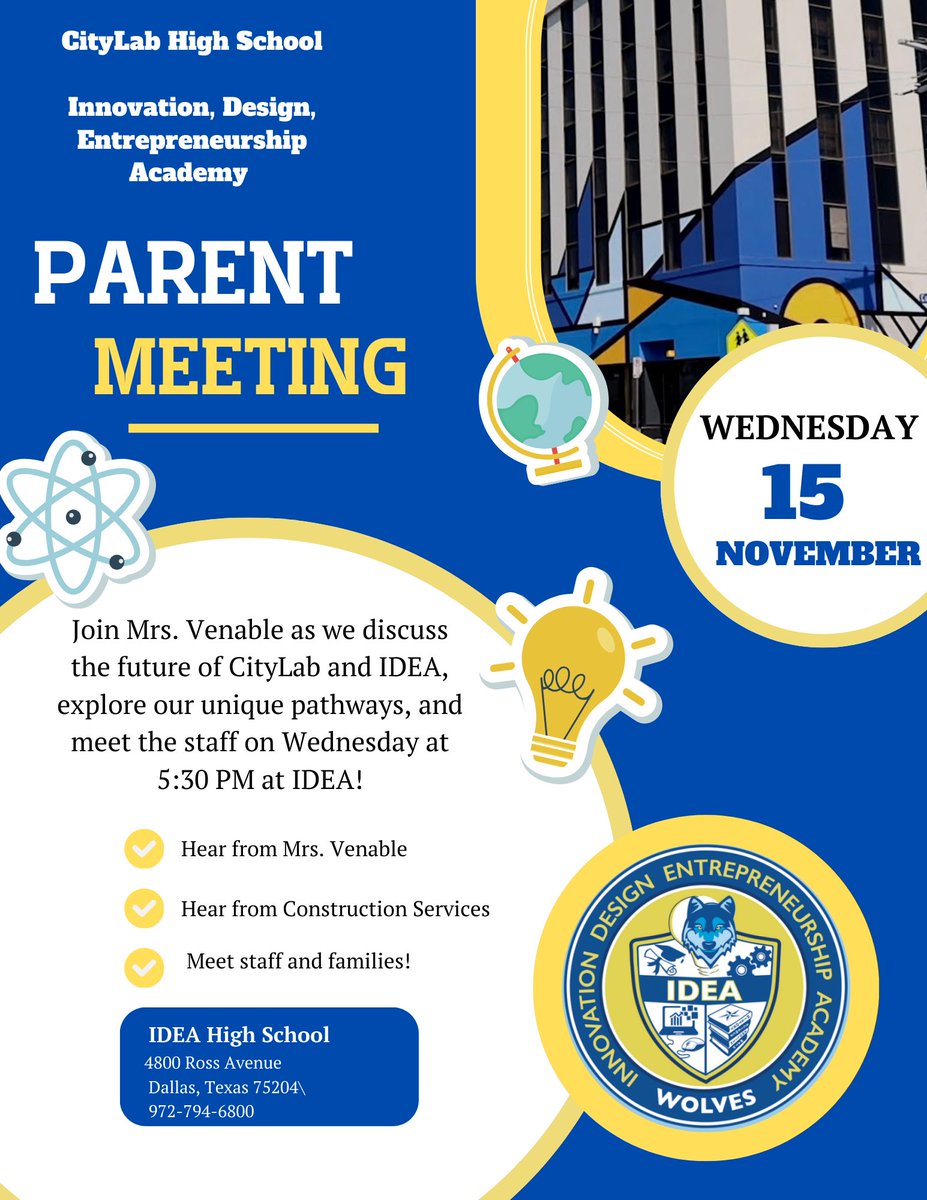 Excited to host families of @CityLabHS and @IDEA_at_Fannin on Wednesday at 5:30 #CityView #PLPack @RubyRamirezDISD @N_Bernardino @TransformDISD