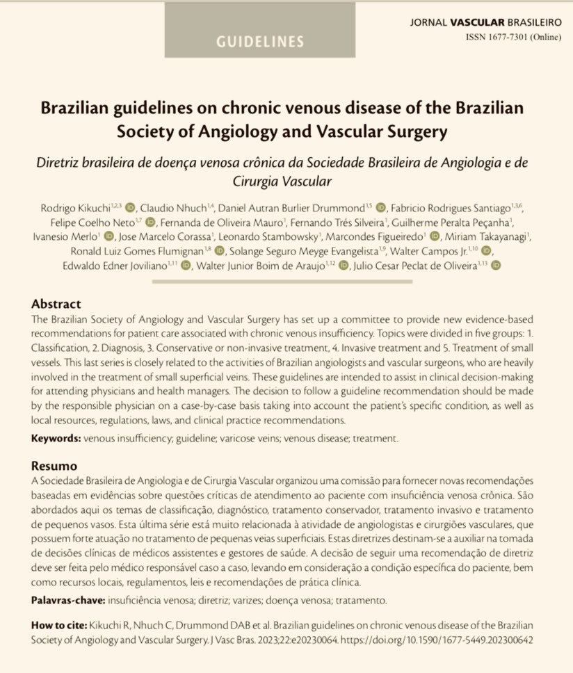 Brazilian guidelines on chronic venous disease of the Brazilian Society of Angiology and Vascular Surgery. Nov 2023. 

scielo.br/j/jvb/a/q89NXF…

#guideline
#varicoseveins
#venousdisease
#venoustreatment