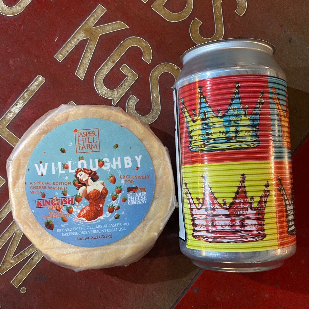 We love this pair. Jasper Hill Farm took their Willoughby and used King Fish Cider's Blaze Strawberry Cider to wash the rind with it. It is exclusively sold at St. James Cheese company but you can also pick up a wheel at Kingfish Cider. <a href="/kingfish/">kingfish</a> <a href="/jasperhillfarm/">Jasper Hill Farm</a> <a href="/stjamescheese/">St. James Cheese Co.</a>