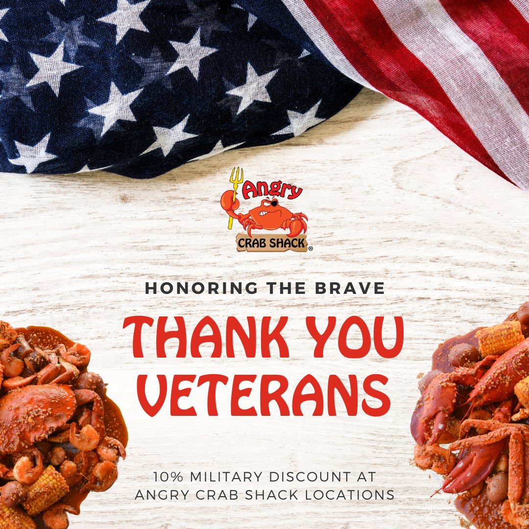 To all the veterans out there… we salute you! Thank you for your service 🇺🇸 Get a 10% military discount at Angry Crab Shack year-round. #Crabbing #AngryCrabShack #AzFoodie #Seafoodboil #militarydiscount #veteransday #veterans #veteran #veteransupport