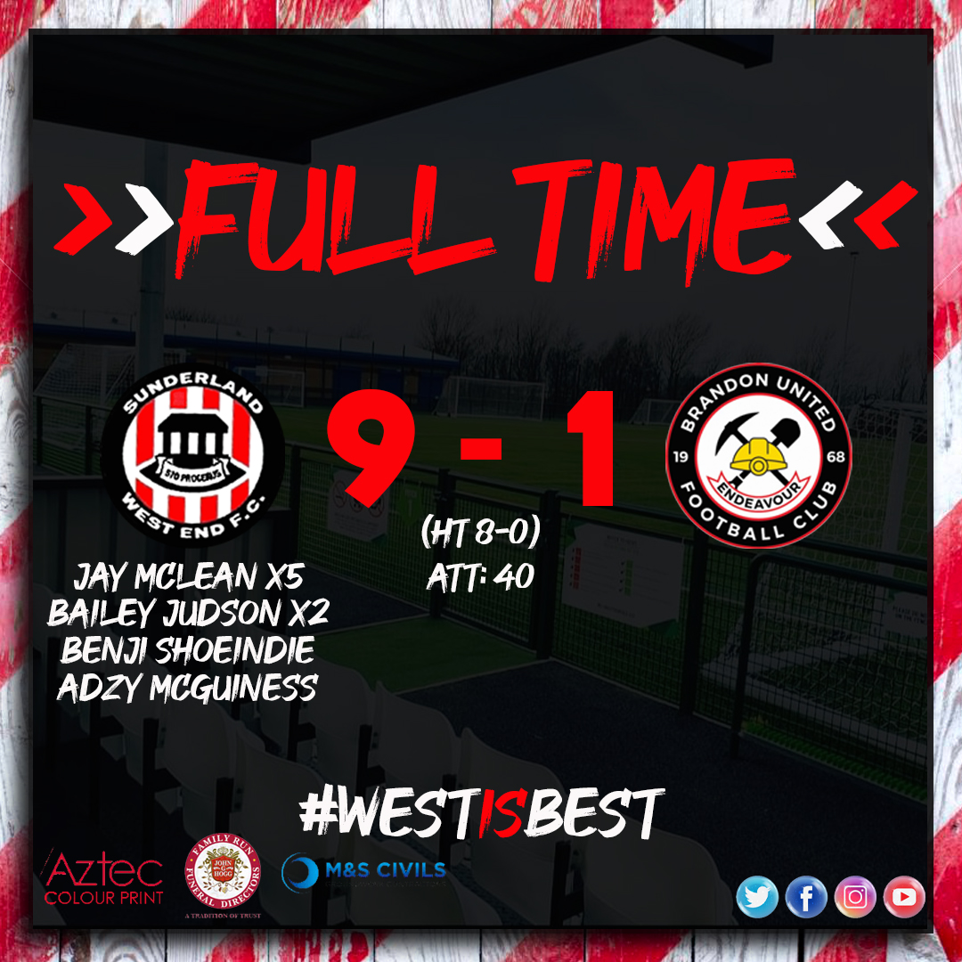 Not a bad day at the office as the lads run out 9-1 winners over Brandon United in <a href="/theofficialnl/">NightLife</a>. Jay McLean had a stormer of a game, scoring 5, whilst debutants Bailey and Benji opened their accounts. Adzy McGuiness also got on the score sheet.
Well done lads.
#westisbest