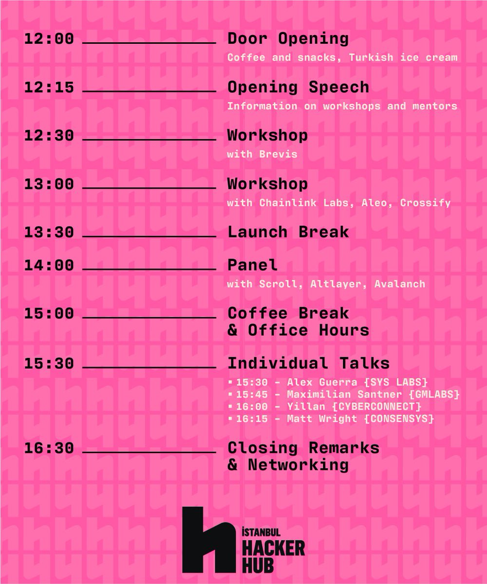 Mark your calendars! 📆 

Join us at İstanbul Hacker Hub for a day packed with knowledge and innovation. Check out our event timeline for dynamic panels, workshops, and thought-provoking individual talks. Plus, exclusive prizes await workshop participants, along with surprise