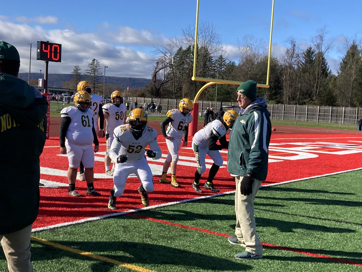 ByPeteTobey's tweet photo. Ravena coach Gary VanDerzee is coaching his final season after 41 years — still hands on with the linemen #518football https://t.co/o9us972EMA