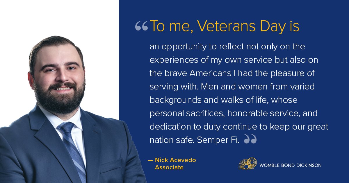 Womble Bond Dickinson (US) LLP (@wbd_us) on Twitter photo Today is Veterans Day. 
In honor of those who have served, we asked our veterans what the day means to them. Nick Acevedo, an associate in our Winston-Salem office, asked that we share a message he wrote for last year's Veterans Day.
Thank you to all those who have served. Today is Veterans Day. 
In honor of those who have served, we asked our veterans what the day means to them. Nick Acevedo, an associate in our Winston-Salem office, asked that we share a message he wrote for last year's Veterans Day.
Thank you to all those who have served.