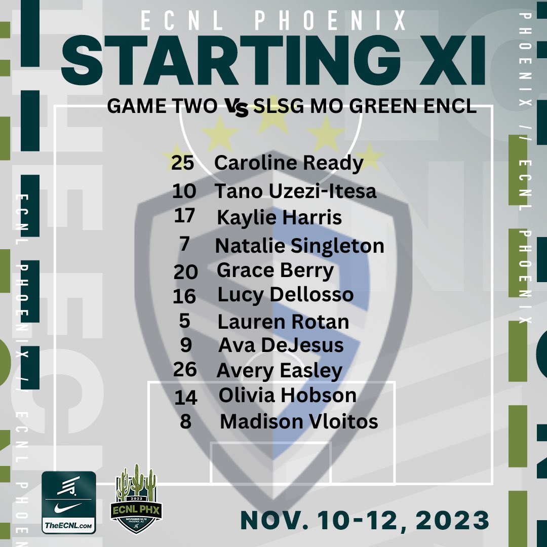 STARTING XI

🆚 SLSG MO Green ECNL
⏰ 8:00 am
📍 Reach 11 / 🏟️ 12

<a href="/RockyMonk8/">Rocky Monk</a> <a href="/ECNLgirls/">ECNL Girls</a> <a href="/TopDrawerSoccer/">TopDrawerSoccer</a> <a href="/PrepSoccer/">Prep Soccer ⚽️</a> <a href="/TheSoccerWire/">SoccerWire</a> <a href="/grtorres/">Guilherme Torres</a> <a href="/StingSoccerClub/">Sting Soccer Club</a>