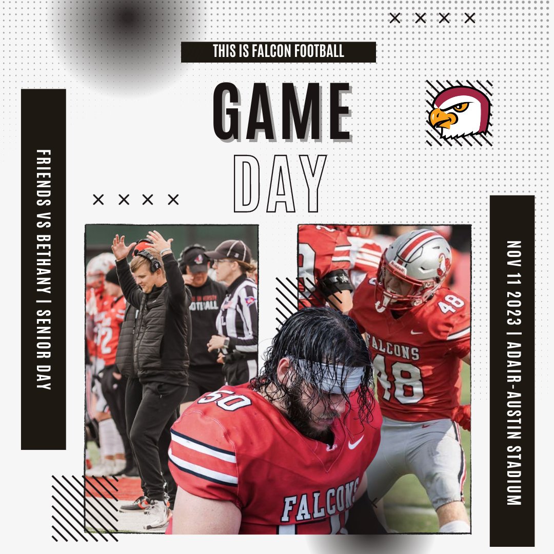 FOOTBALL GAMEDAY!! 🏈🏈🏈
‼️SENIOR DAY‼️
<a href="/FalconsFU/">Friends University Football</a> vs Bethany Swedes
📍 Adair-Austin Stadium: Wichita, Kan.
⏰ 1:00PM
📺 kcacnetwork.com
📊 tinyurl.com/3ky8nrwm
🎟 tinyurl.com/2zdvf2rk
Talons Up!
#friendsfalcons #btf #talonsup #honorGod