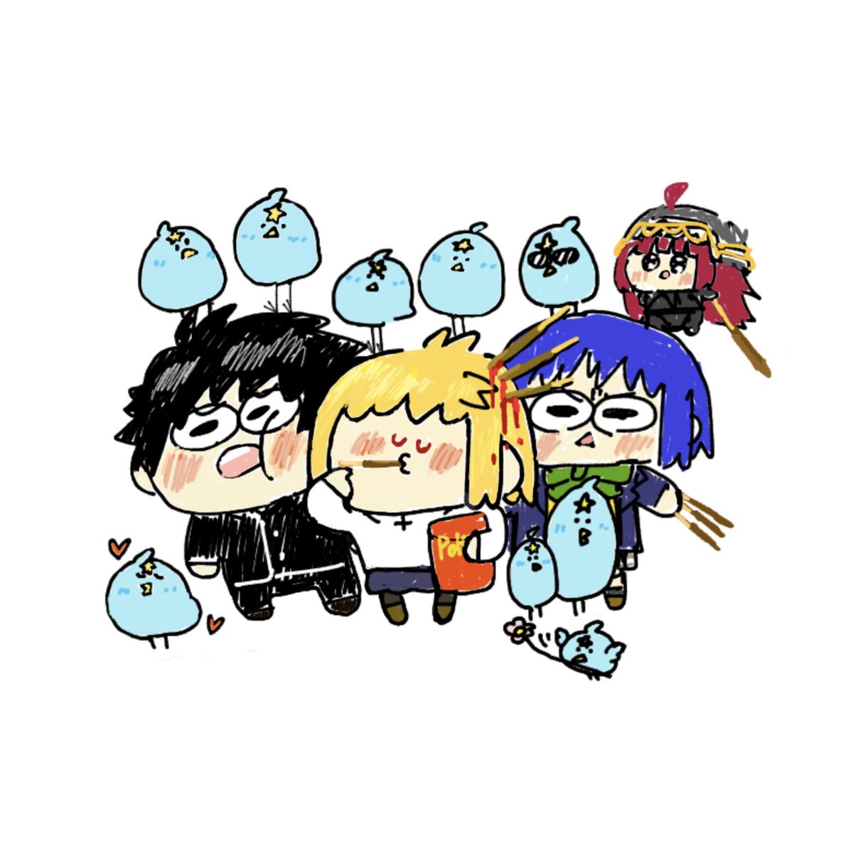 ciel (tsukihime) multiple girls blue hair blonde hair pocky bird food chibi  illustration images