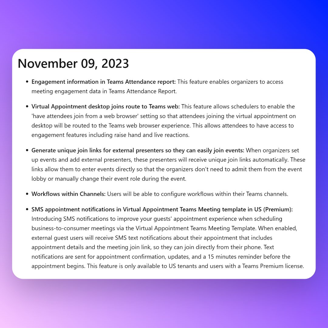 Some new Microsoft Teams features rolling out now

🟣 Engagement information in Teams Meeting Attendance report

🟣 *External* Meeting presenter join links that allow external presenters to bypass any lobby and be automatically set as presenters

🟣 Workflows (Power Automate)