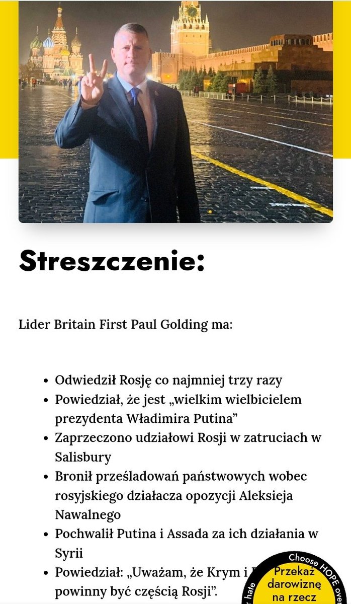 Polityk PiS Dominik Tarczyński spotyka się w Warszawie z brytyjskim politykiem Paulem Goldingiem, który jeździ do Moskwy, wychwala Putina i syryjskiego zbrodniarza Assada oraz występuje w rosyjskim parlamencie.