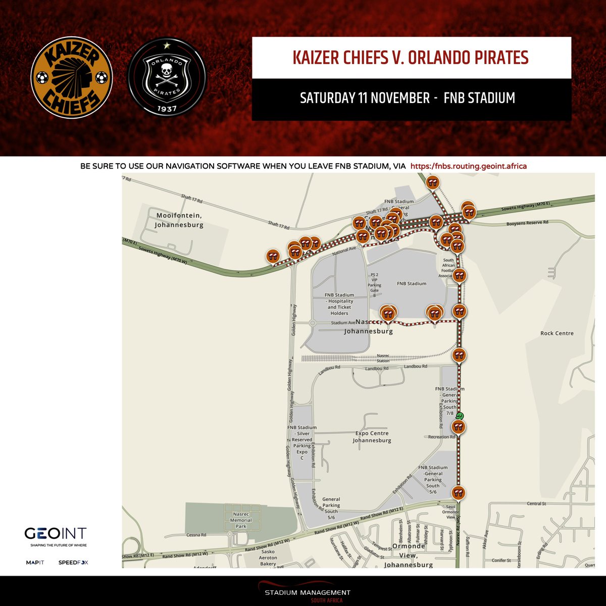 Want to know the best ways out of FNB Stadium? Use our navigation software to guide you home. Access it via fnbs.routing.geoint.africa #SMSA #FNBStadium #SowetoDerby