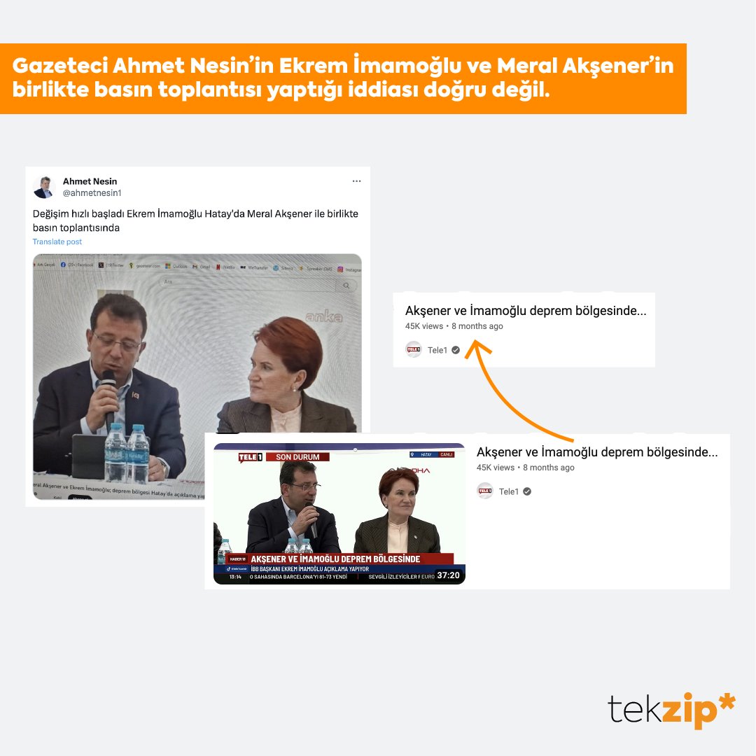 ❌Gazeteci Ahmet Nesin’in Ekrem İmamoğlu ve Meral Akşener’in birlikte basın toplantısı yaptığı iddiası doğru değil.

✅ Basın toplantısı 8 ay önce deprem bölgesinde yapılmış.