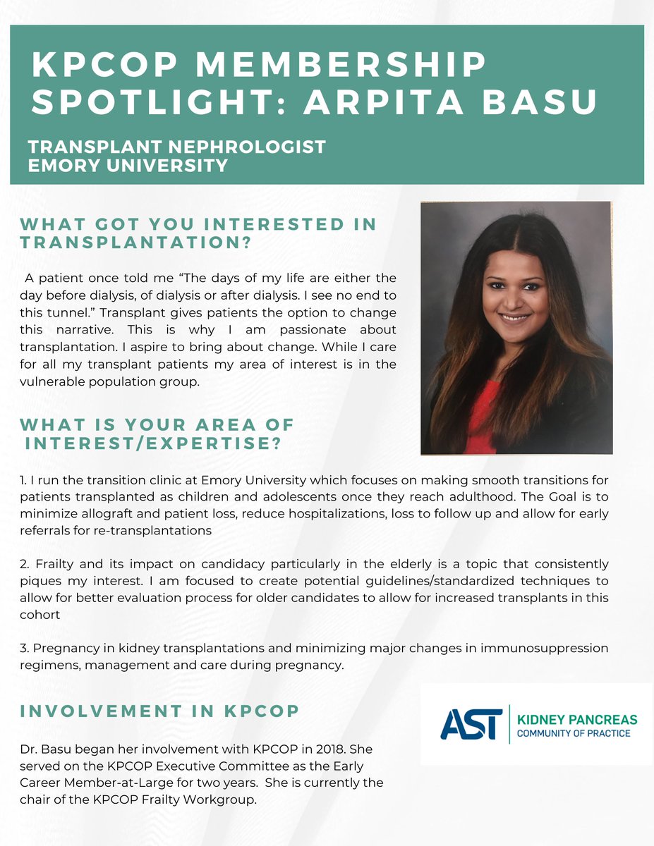 🥳📢🎉🪩 @AST_KPCOP is very proud to announce this month's Membership Spotlight shining brightly on @ArpitaBasu_ 🔦🚨📢🩺🫘 Congratulations Dr. Basu and thank you for your service to KPCOP @AST_info and the transplant community📢🎉🥳🎉🪩📸🤩😎