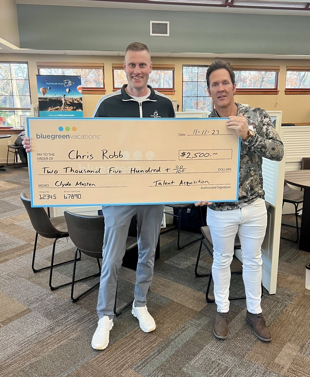 Big money Saturday, again!! 💰🤑💸

$2,500 goes to Chris Robb for referring Clyde Masten to the team in Wisconsin Dells! 

Clyde has been very successful individually, and hugely impactful in several other ways for the team here at Christmas Mountain. 

#bluegreenvacations