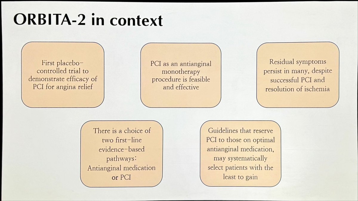 #ORBITA2 #AHA23 
🫀single &amp; multivessel disease 
🫀PCI 🆚 placebo without antianginal meds!
🫀angina documented using App
🫀79% male ❌
💥PCI improved anginal score 🆚 placebo in each domain including QOL and stress induced ischemia, ⤴️exercise capacity
📎 nejm.org/doi/full/10.10…